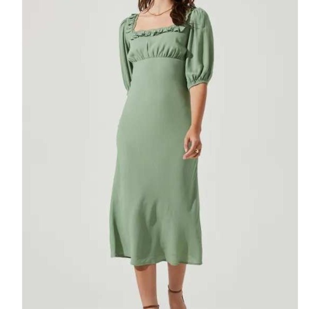 ASTR The Label Sage Green Ruffle Lace Trim Puff Sleeve Midi Dress Womens XL NEW